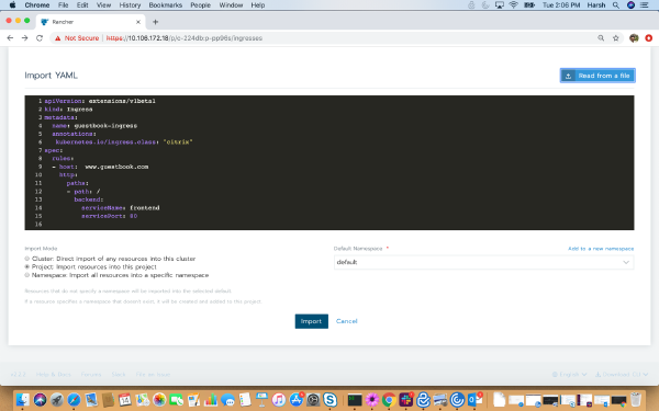 Import ingress YAML configuration