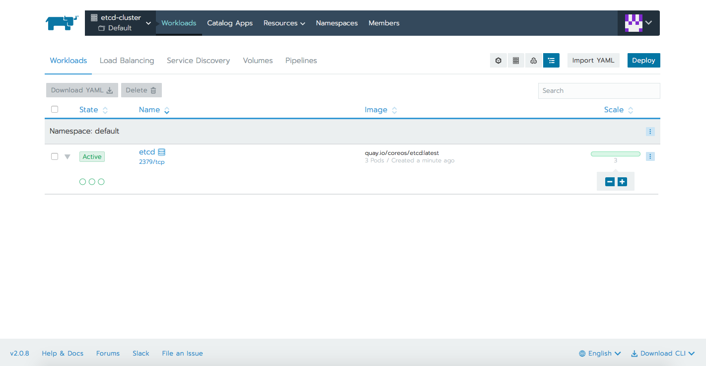 Fig. 1: Etcd StatefulSet as seen in the Rancher Workloads tab