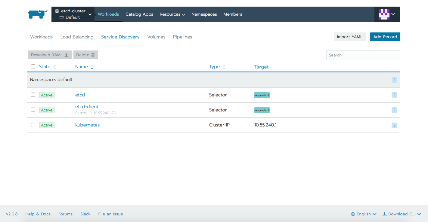 Fig. 2: Etcd Service as seen in the Rancher Service Discovery tab